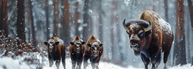 Le bison européen dans une forêt d'hiver