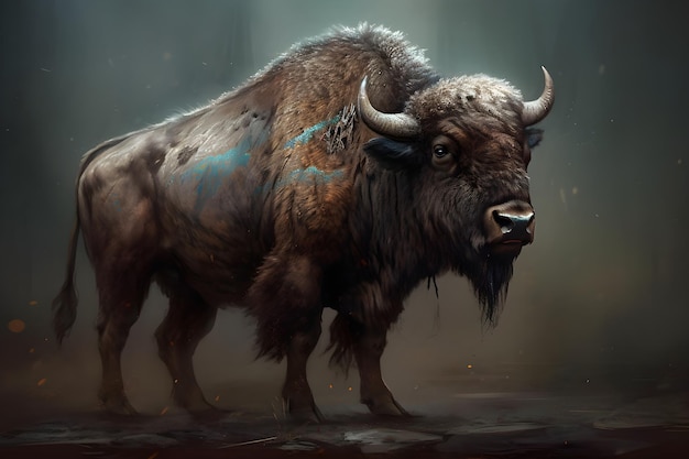 Un bison avec des marques bleues sur le visage