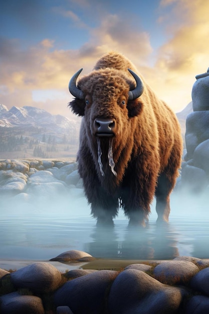 Un bison avec une montagne en arrière-plan