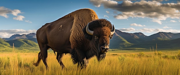 un bison avec une montagne en arrière-plan