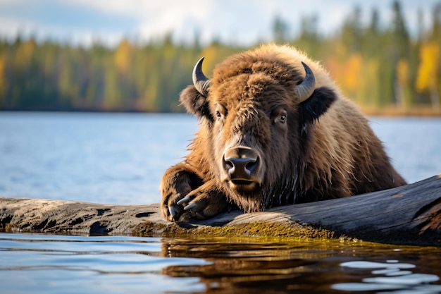 un bison posé sur une bûche dans l'eau