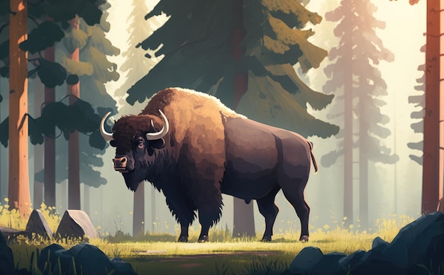 Un bison se tient dans une forêt avec des illustrations d'arbres et de rochers pour le style de dessin animé pour enfants généré par ai