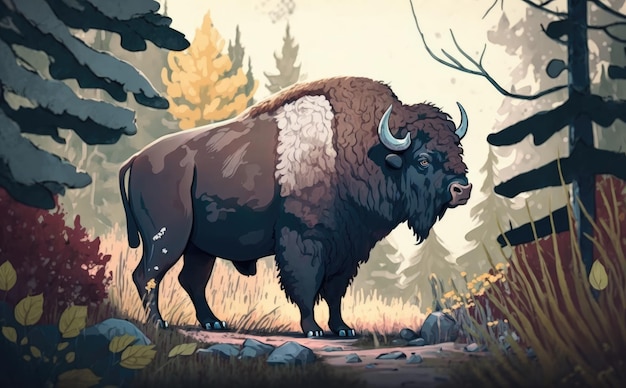 Un bison se tient dans une forêt avec des illustrations d'arbres et de rochers pour le style de dessin animé pour enfants généré par ai