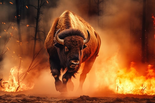 Un bison se tient devant un feu qui fait rage dans la forêt, semblant déterminé et alerte alors qu'il affronte la situation dangereuse.