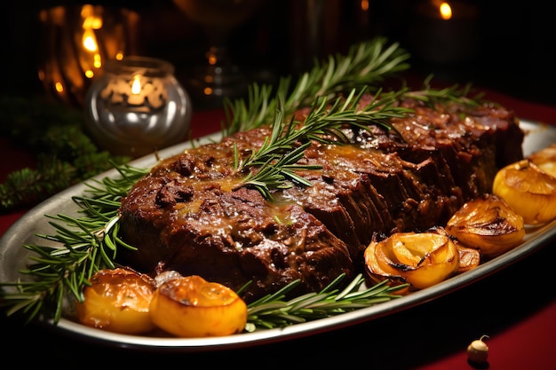 Bisteck avec oignons et feuilles de laurier Dîner de Noël