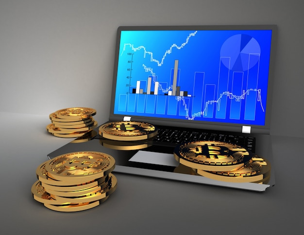 Photo bitcoin 3d et concept d'ordinateur portable. illustration de rendu 3d