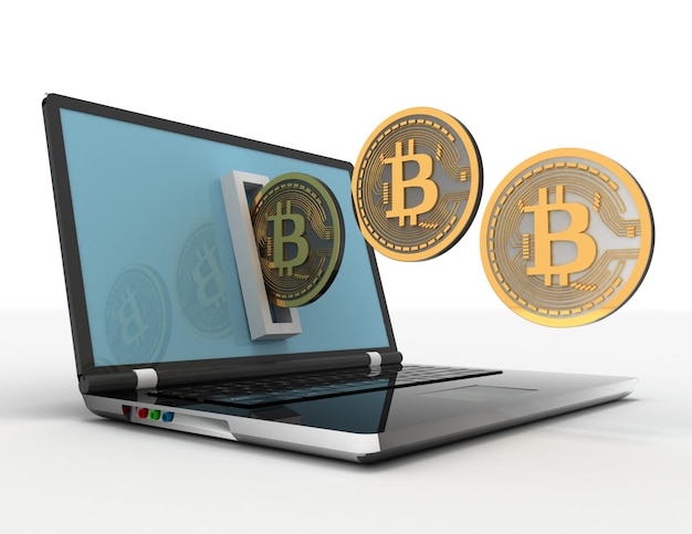 Bitcoin 3D et ordinateur portable. illustration de rendu 3D