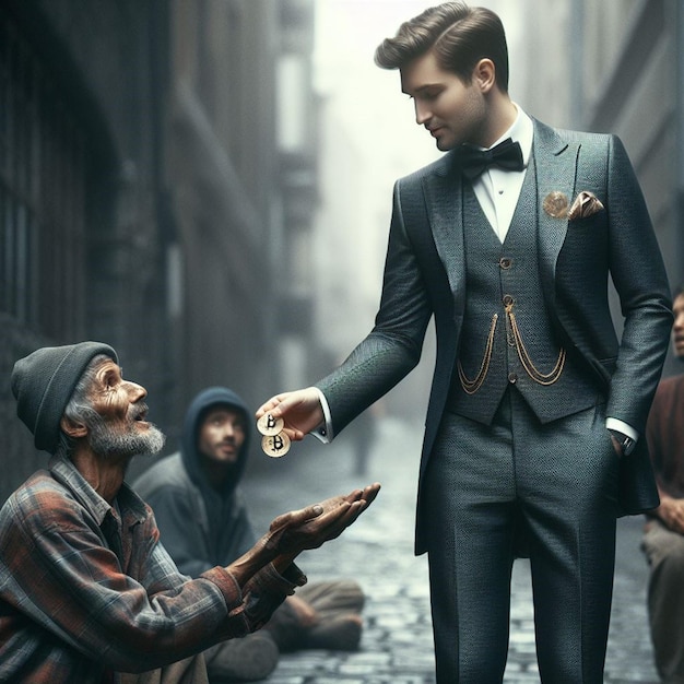 Bitcoin altruisme aquarelle représentation d'un gentleman moderne dans un costume sur mesure aidant l'impove