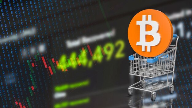 Le bitcoin sur l'arrière-plan commercial du panier pour le rendu 3d du concept de crypto-monnaie