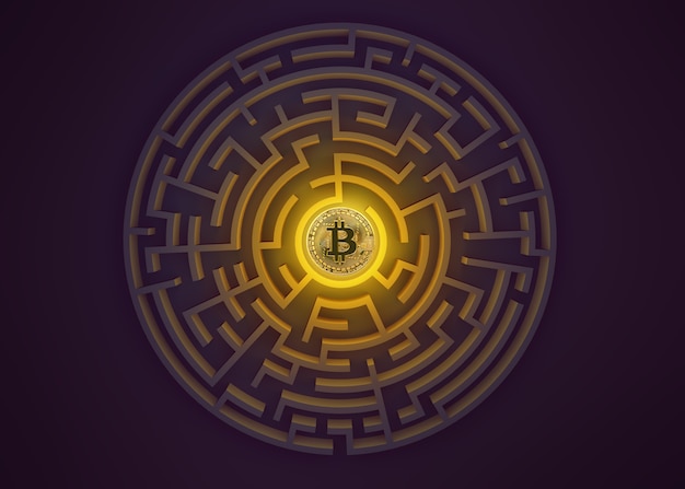 Bitcoin au point central du labyrinthe vu d&#39;en haut.