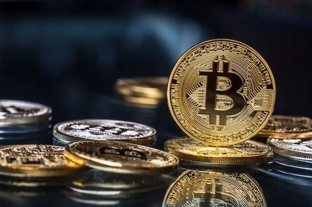 Bitcoin. Bitcoins d'or et d'argent - crypto-monnaie virtuelle.