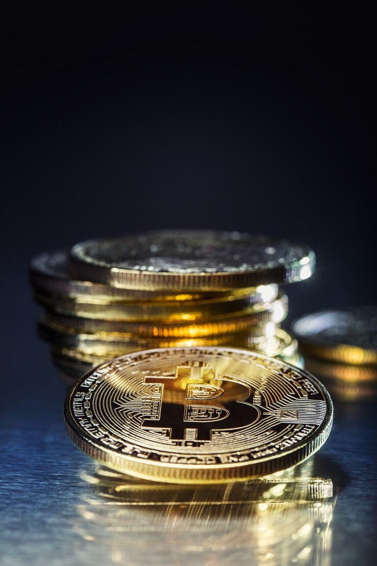 Photo bitcoin. bitcoins d'or et d'argent - crypto-monnaie virtuelle.