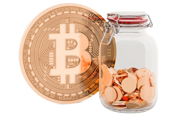 Bitcoin avec bocal en verre plein de pièces d'or rendu 3D
