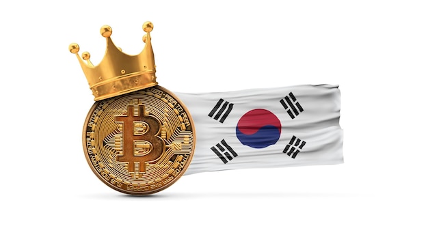 Bitcoin avec couronne d'or et drapeau de la corée du sud cryptocurrency king concept d rendu