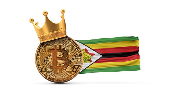 Bitcoin avec couronne d'or et drapeau du zimbabwe crypto-monnaie roi concept d rendu
