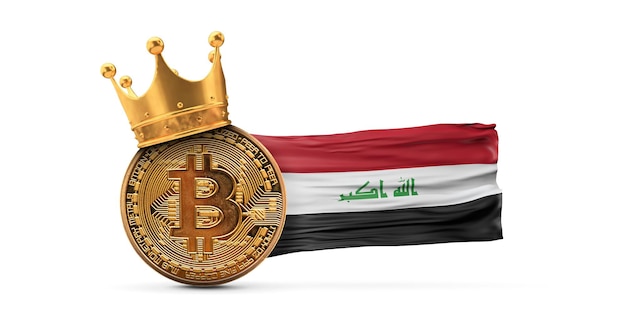 Bitcoin avec couronne d'or et drapeau irakien crypto-monnaie roi concept d rendu