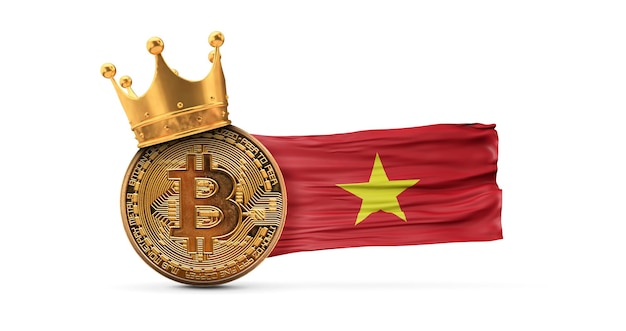 Bitcoin avec couronne d'or et drapeau vietnam crypto-monnaie roi concept d rendu