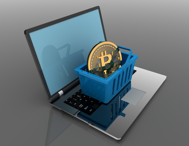 Bitcoin dans le panier sur ordinateur portable. Illustration de rendu 3D