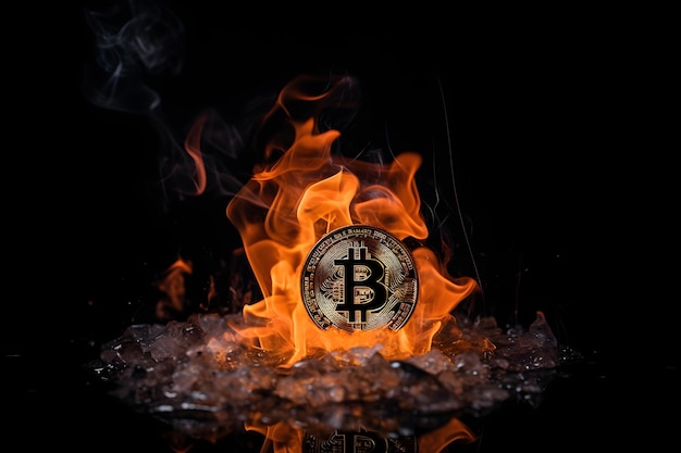 Bitcoin doré en feu isolé sur fond noir