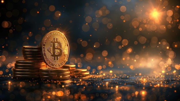 Bitcoin doré sur un fond sombre avec bokeh Concept de crypto-monnaie