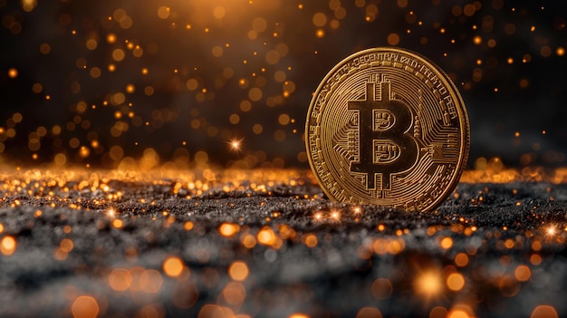 Bitcoin doré sur un fond sombre avec un bokeh jaune Concept de crypto-monnaie