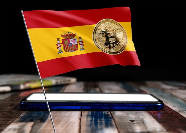 Bitcoin Espagne sur le drapeau de l'Espagne. Actualités Bitcoin et situation juridique en Espagne concept.