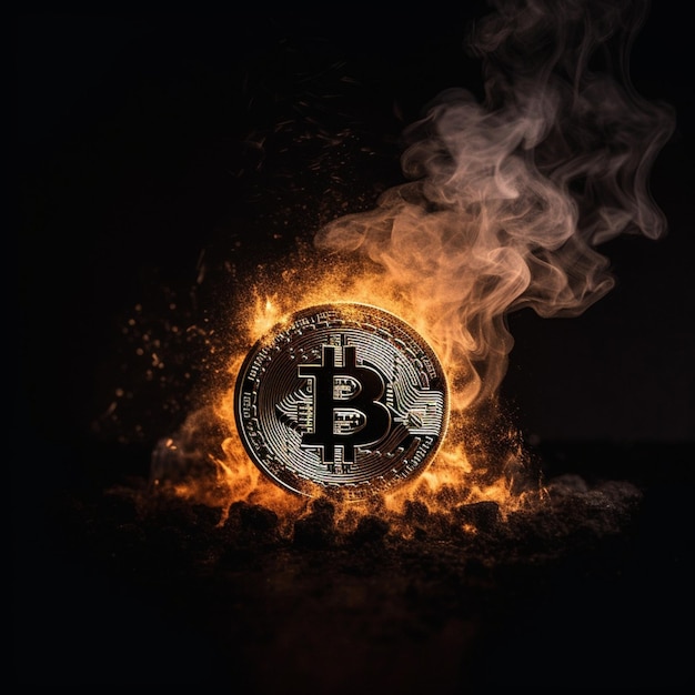 Bitcoin et feu sur fond noir