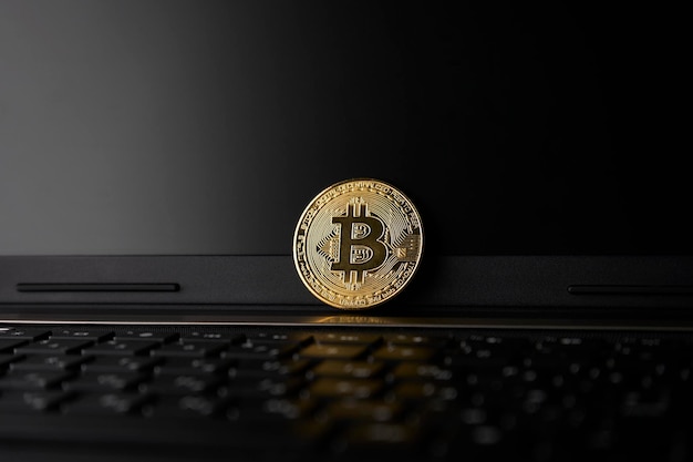 Bitcoin et gros plan d'ordinateur portable