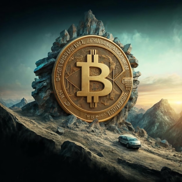 Photo bitcoin sur une haute montagne comme un moyen d'acheter au sommet d'une colline