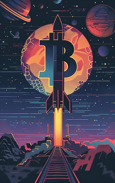 Photo bitcoin intégré dans un symbole d'exploration spatiale futuriste illustration de la crypto-monnaie arrière-plan