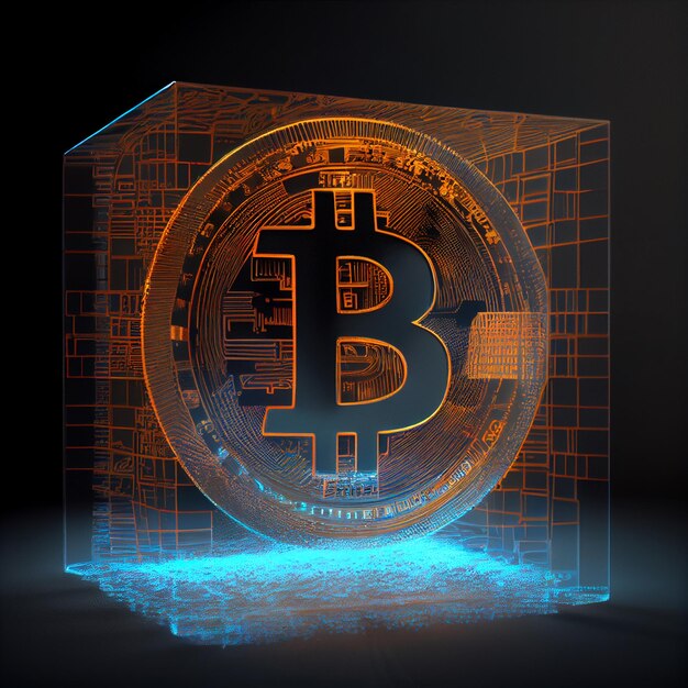 Bitcoin logo hologramme futuriste 3D holographique bitcoin btc pièce illustration fond