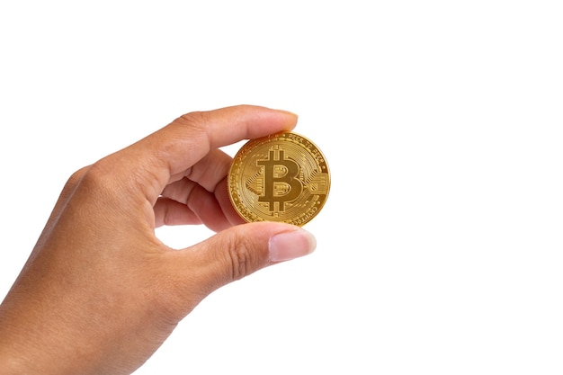 Bitcoin en main isolé sur fond blanc