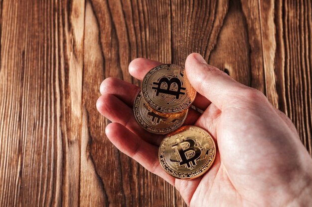 Bitcoin en mains isolé sur un fond en bois