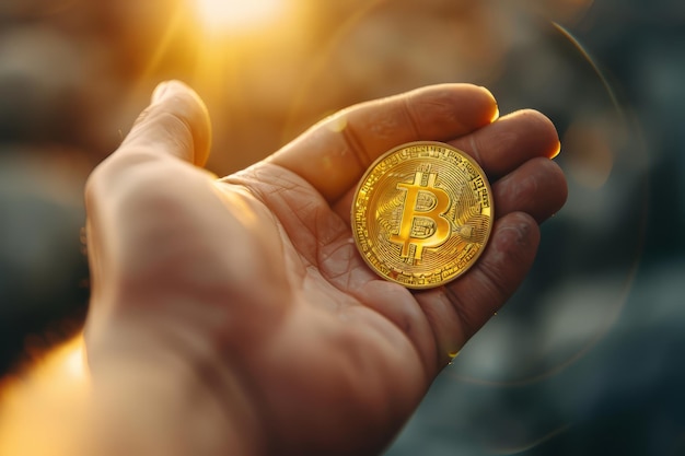 Bitcoin en or dans les mains des gens affaires d'argent virtuel et crypto-monnaies
