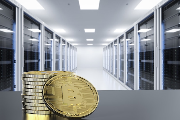 bitcoin d'or de rendu 3d dans la salle des serveurs