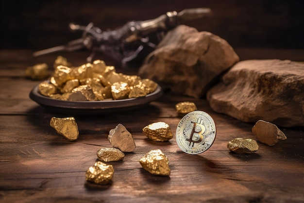 Bitcoin et une pépite d'or sur une table en bois Concept d'extraction de crypto-monnaie AI générative