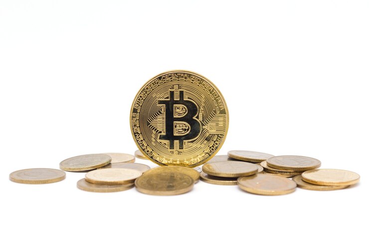 Bitcoin et pièces de monnaie sur fond blanc