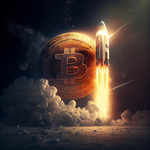 Bitcoin qui monte Lancement de Bitcoin btc allant sur la lune dans une illustration de fusée