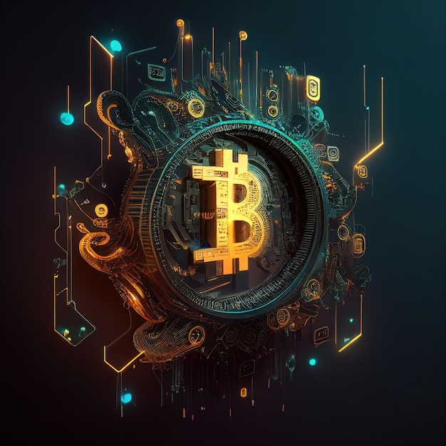 Bitcoin rougeoyant abstrait dans le style cyberpunk par Generative AI