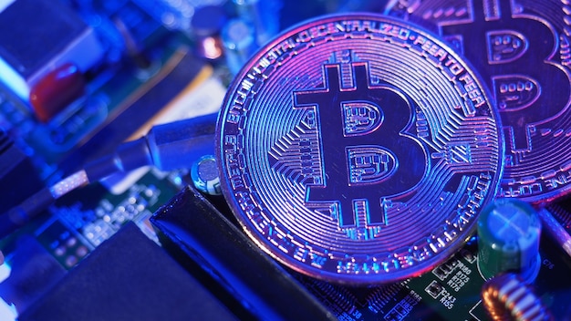 Bitcoin et semi-conducteur. Représenter l'exploitation minière dans la crypto-monnaie cause le réchauffement climatique. Bitcoins sur carte CPU. Gros plan Bitcoin avec lumière bleue et rose. circuit imprimé avec pièce de monnaie. Concept d'actif en ligne.