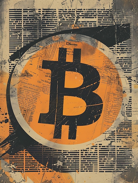 Le Bitcoin en tant que symbole de caricature politique sur une illustration texturée de journal Cryptocurrency Arrière-plan