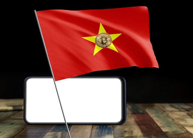 Bitcoin Vietnam sur le drapeau du Vietnam. Actualités Bitcoin et situation juridique dans le concept du Vietnam.