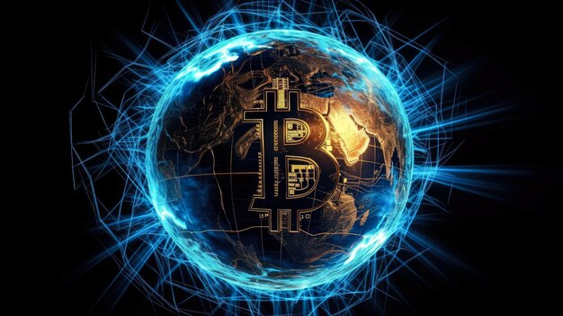 Bitcoin World blockchain crypto monnaie cryptage numérique échange d'argent numérique technologie connexions réseau mondial concept d'arrière-plan rendu 3D