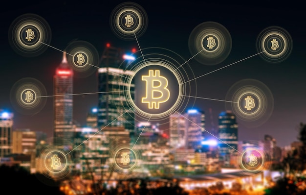 Bitcoins et connexion réseau blockchain avec fond de ville de nuit de Perth flou Transferts de blockchain d'argent électronique et concept financier