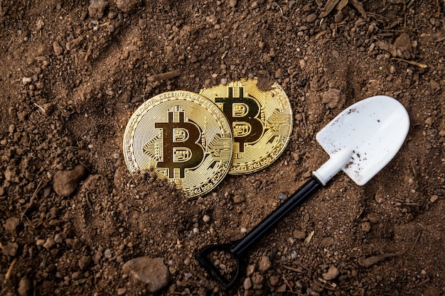 Bitcoins dorés avec une pelle sur le terrain