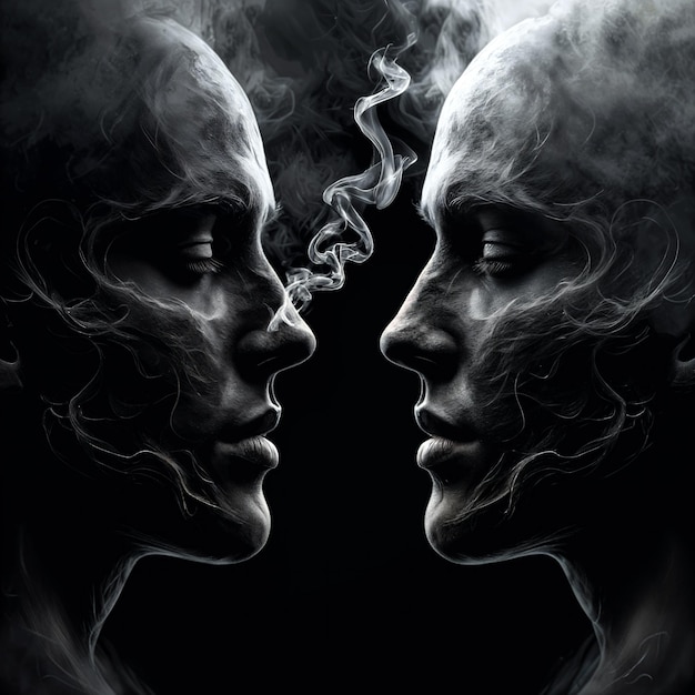 Photo a black and white illustration of two faces each with smoke creating a mirrored effect between the two figures