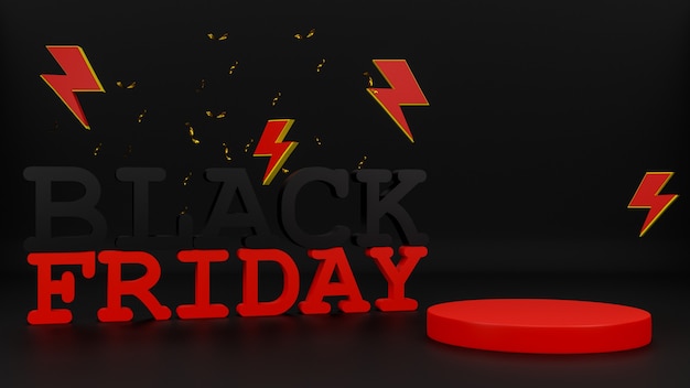 Black Friday Super Sale d'affichage de produits, podium et tonnerre sur fond noir. rendu 3D