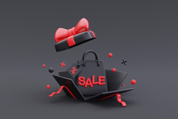 Black Friday Super Sale avec coffrets cadeaux ouverts et sac à provisions Promotion de Noël et bonne année rendu 3d