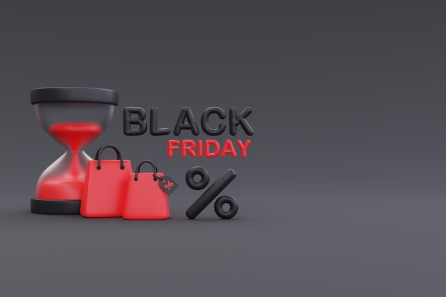 Black Friday Super Sale avec des sacs à provisions et Houseglass Christmas and Happy New Year promotion rendu 3d