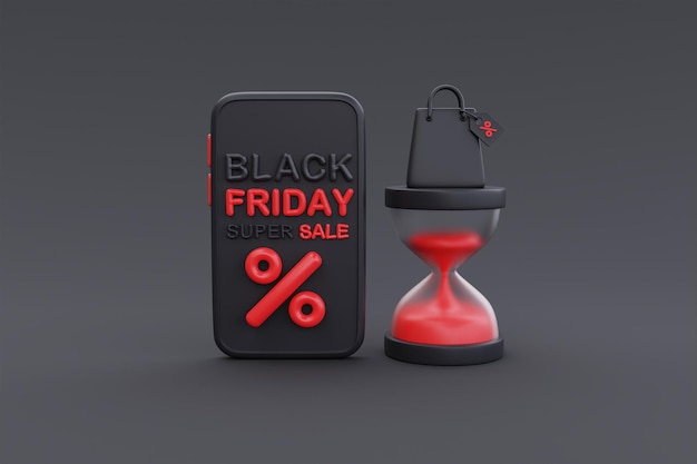 Black Friday Super Sale avec smartphone Houseglass et sac à provisions Promotion de Noël et bonne année rendu 3d